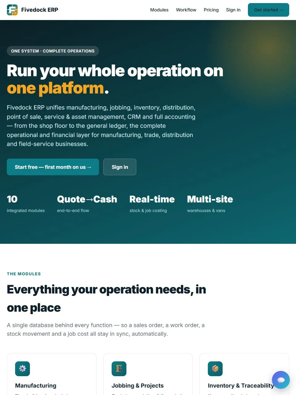 Screenshot of the Fivedock ERP site at fivedock.xyz